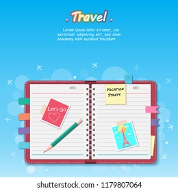 Scrapbooking album with travel elements. Paper objects for your travel around the world and vacation layouts on Background Design. blank space for text and content paper art, vector, banner, Poster,