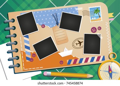 Scrapbooking album with travel elements. Paper objects for your travel and vacation layouts