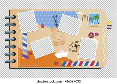 Scrapbooking album with travel elements. Paper objects for your travel and vacation layouts