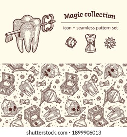 Scrapbooking Art Set. Seamless Pattern of Boho Style Elements. Magic and Mysticism. Suitcase with Globe, Hourglass, Sun, Moon, Tooth with Key, Bottle of Potion, Human Skull. For Astrology, Taro, Print