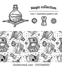 Scrapbooking Art Set. Seamless Pattern and vector illustrations of assorted esoteric symbols pf magic practices drawn with ink lines. Chest and Globe, Hourglass, Sun, Moon, Bottle of Potion, Skull