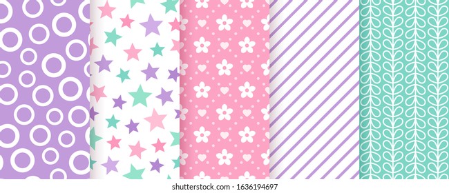 Scrapbooking background. Seamless pattern for scrap design. Vector. Cute, chic print with circles, star, flowers, stripes and leaves. Trendy texture. Color illustration. Geometric paper pack. 