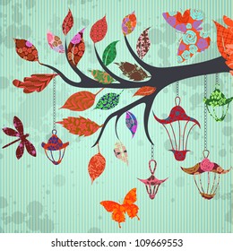 Scrap-booking background of tree branch with leaves and lanterns of patches