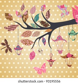 Scrap-booking background of tree branch with leaves and bird of patches