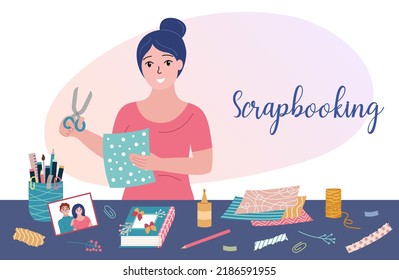 Scrapbooking banner. Woman with craft supplies. Scrapbook workshop. Handmade hobby decoration things. Girl cutting craft paper and decorating photo album book at table. Flat vector illustration