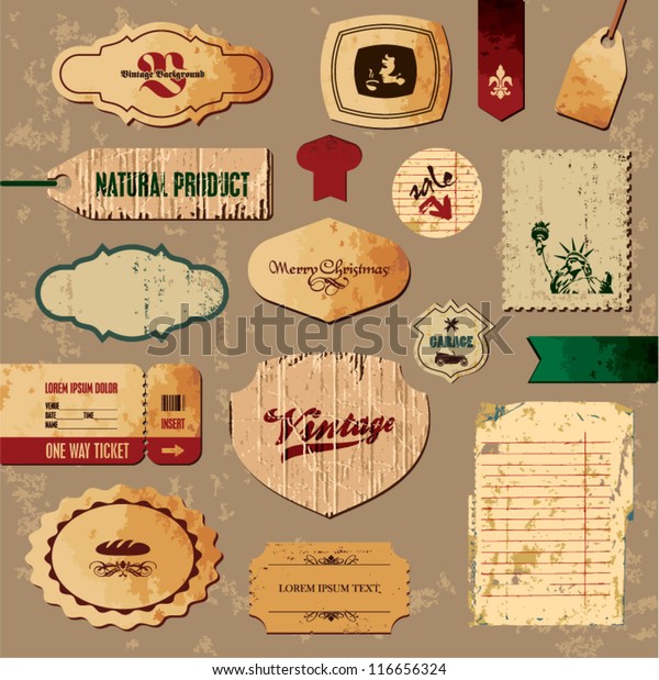 Scrapbooking collection. Vintage Retro Labels\
and Badges. Old paper\
background.