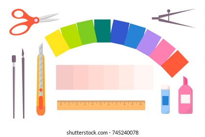 Scrapbooking concept vector scissors, metal compasses, ?olored paper, orange wooden pencil, stationery knife, ruler, glue and brushes on white background.