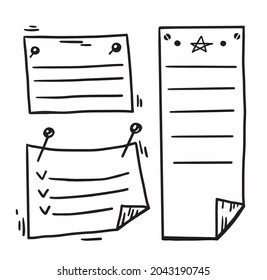 Scrapbooking empty blank sketch girlish bullet journal vector note paper list pinned with pushpin to wall with folded corner. Black and white monochrome drawing with line.