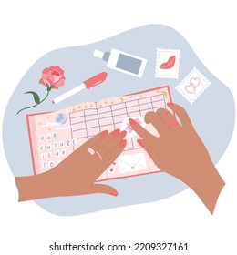 Scrapbooking flat concept with human hands sticking paper labels into notebook vector illustration