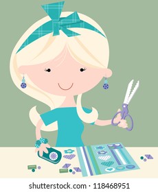 Scrapbooking Girl Cute female with scissors, stickers, beads, and stamper having fun scrapbooking.