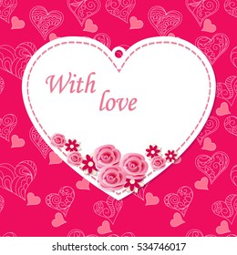 Scrapbooking heart with flowers, roses and text With love on the vintage background. Image for Valentine`s Day card. eps 10.