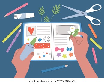 Scrapbooking hobby, handmade diary with paper cut elements. Kid doing diy, decorate notebook hearts, flowers, colored pencils. Decent vector childish workshop