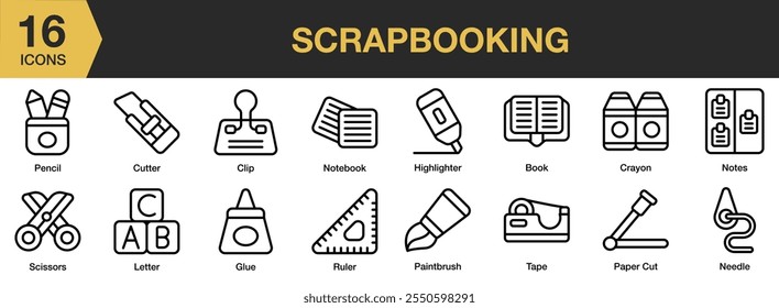 Scrapbooking icon set. Includes pencil, cutter, clip, notebook, book, scissors, glue, and More. Outline icons vector collection.