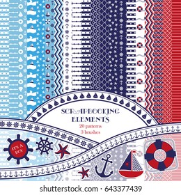 Scrapbooking ideas. Design elements in the nautical style. Seamless patterns and brushes.