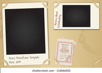 Scrapbooking Page Set - Vector Retro Paper Photo Frames With Background, Theater Tickets And Coffee Spots