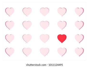Scrapbooking paper card with carved pink hearts and one different red heart. Origami papercut concept and Valentine's day idea, vector art and illustration. Symbol of love for greeting card.