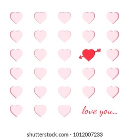 Scrapbooking paper card with carved pink hearts and one unlike red heart with an arrow. Origami papercut concept and Valentine's day idea, vector art and illustration. Symbol of love for greeting card