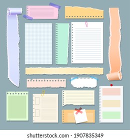 Scrapbooking paper memos. Papers post note stickers for scrapbook design, blank attach message shreds isolated on background, sheet banners and badges scrapbooker collection