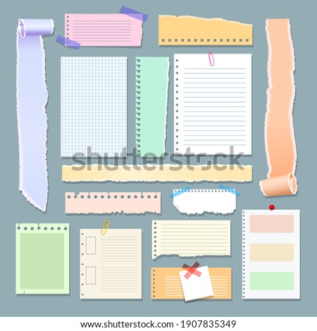 Scrapbooking paper memos. Papers post note stickers for scrapbook design, blank attach message shreds isolated on background, sheet banners and badges scrapbooker collection