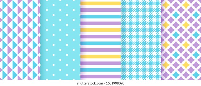 Scrapbooking paper. Seamless background. Vector. Cute pattern. Set blue purple texture with stripes, polka dot, triangle, check. Chic trendy print. Modern pastel illustration. Color geometric backdrop