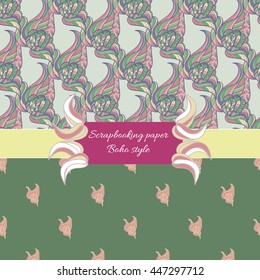 Scrapbooking paper with tangled elements. Floral doodle motif, seamless design. Boho style. Deep colors. 