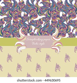 Scrapbooking paper with tangled elements. Floral seamless design. Boho style. Bright colors. 