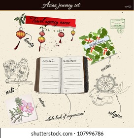 Scrapbooking poster with asian traveling elements. vector illustration EPS10