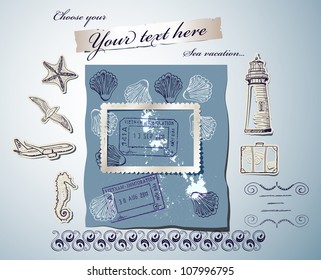 Scrapbooking poster with sea travelling elements. vector illustration EPS10