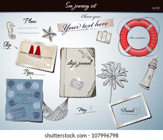 Scrapbooking poster with sea travelling elements. vector illustration EPS10