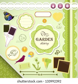 Scrapbooking Set: My Garden Diary - frames, ribbons, dividers, notes and decorations