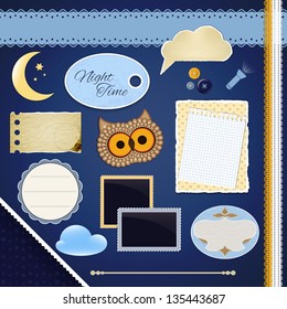 Scrapbooking Set: Night Time- frames, ribbons, divider, notes and decorations
