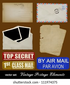 Scrapbooking set of old postage design elements - postcard, photos, stamp, envelope and papers, vector illustration