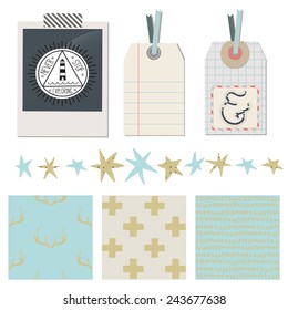Scrapbooking Set: Summer journey - photo frame, divider, tags, seamless patterns. 