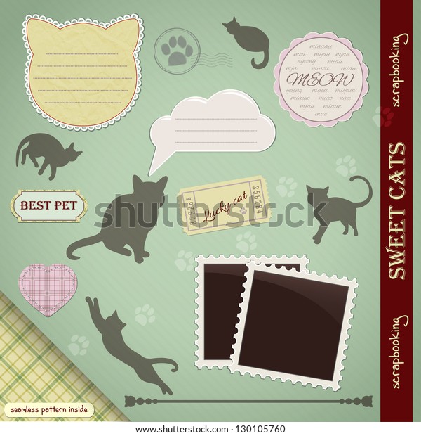 Scrapbooking Set: Sweet Cats. Silhouettes,\
frames, labels, seamless\
pattern