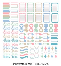 Scrapbooking stickers vector. Planner signs, symbols, objects and templates for planners, invitations, notebooks, diaries and cards. Scrapbook elements. Heart. Print paper. Decor for copybook.