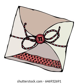 Scrapbooking Style Envelope with Tape or Ribbon and Button. Ink Vector Illustration Isolated On a White Background Doodle Cartoon Vintage Hand Drawn Sketch