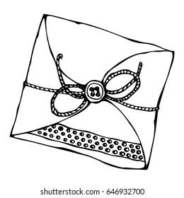 Scrapbooking Style Envelope with Tape or Ribbon and Button. Ink Vector Illustration Isolated On a White Background Doodle Cartoon Vintage Hand Drawn Sketch