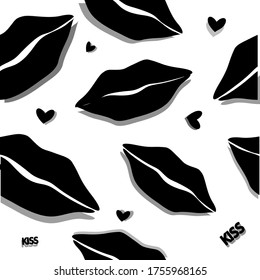scrapbooking supplies, volume lip pattern, world kiss day greeting card, Valentine's day seamless drawing, black and white vector illustration