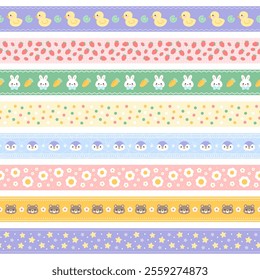 Scrapbooking tapes seamless borders. Cute decorative paper lines, washi sticky patches, funny diary or journal design elements, childish kawaii stationery cartoon flat isolated vector set