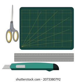 Scrapbooking tool set, marking mat and cutting tools for creativity vector illustration