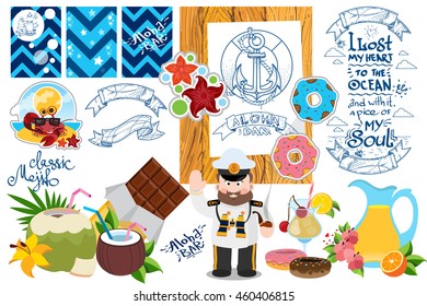Scrapbooking tools. Design Elements summer theme, fresh juice, marine leisure.