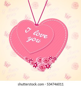 Scrapbooking two hearts with flowers, roses and text I love you on the vintage background. Image for Valentine`s Day card. eps 10.