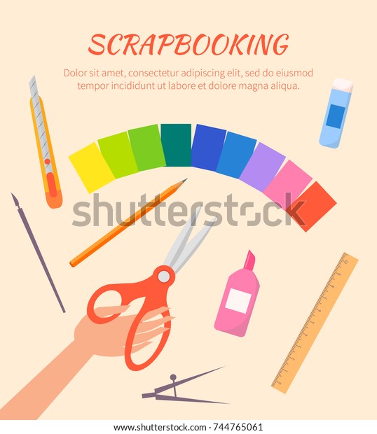 Scrapbooking vector poster with red\
scissors, metal compasses, Colored paper, orange wooden pencil,\
stationery knife, ruler, glue and brushes on beige\
background.