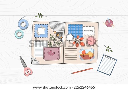 Scrapbooking workplace top view. Scrapbook elements, tools and stationery on wooden table. Journaling hobby. Book with newspaper clipping, photo, notes, leaves. Vector illustration.