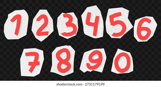 Scrapbook-style collection of vector numbers drawn with crayon and marker. Hand-drawn numerals with torn paper edges, perfect for creative layouts, posters, and DIY design projects.