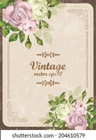 Scrapbook-style retro background or greeting card with stained paper, label and flowers. Beautiful vintage card. Antique postcards.