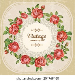 Scrapbook-style retro background or greeting card with stained paper, label and flowers. Beautiful vintage card. Antique postcards.