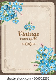 Scrapbook-style retro background or greeting card with stained paper, label and flowers. Beautiful vintage card. Antique postcards. 