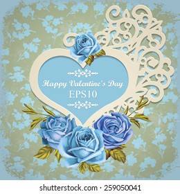 Scrapbook-style retro background or greeting card with stained paper, label and flowers. Beautiful vintage greeting card design. Antique postcards.