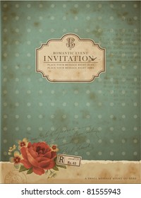 scrapbook-style retro background or greeting card with stained paper, label and flowers